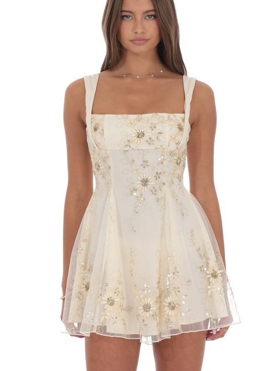 Lucy in the Sky Dresses & Skirts - Lucy in the Sky Floral Gold Sequin Fit and Flare Dress in Ivory XS
